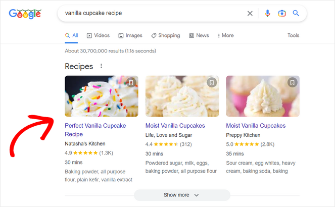 Example of featured recipe snippets